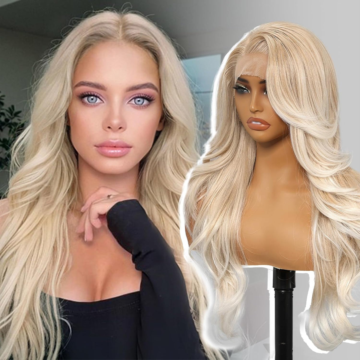 KOME Peluca rubia sintética con encaje frontal, 13 x 4 HD, encaje en capas, ondulado, sin pegamento, para mujer, uso diario, 26 pulgadas
