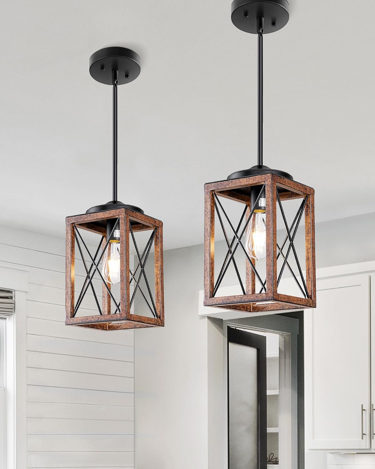 Lamparas Colgantes Estilo Farmhouse DEWENWILS – Pack de 2, Metal con Acabado Veta de Madera, Altura Ajustable hasta 48 Pulgadas, Certificacion ETL