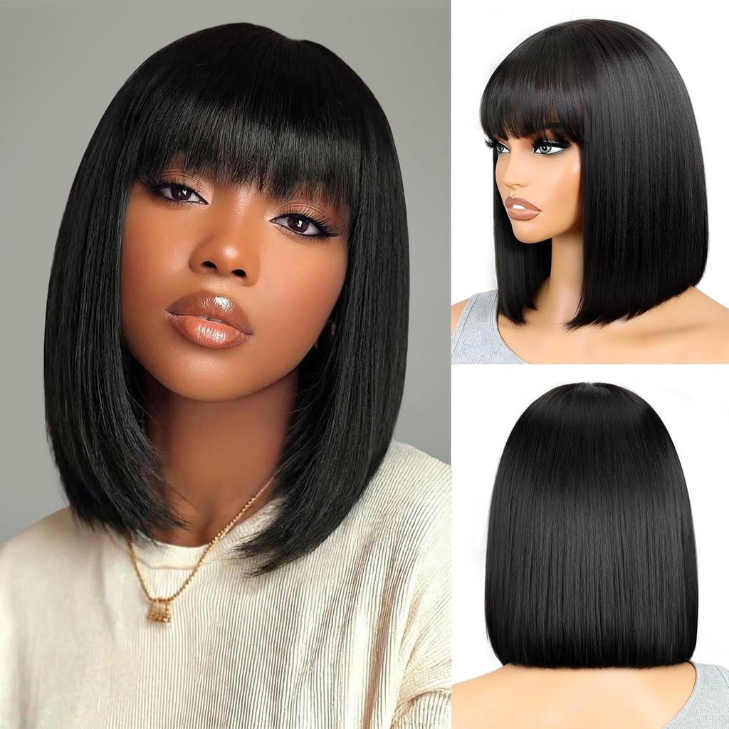 Peluca Bob Xinjiju Cabello Humano Corta Flequillo Negro Sin Pegamento, Densidad 180% Usar y Usar Liso, Fácil para Principiantes, 30cm