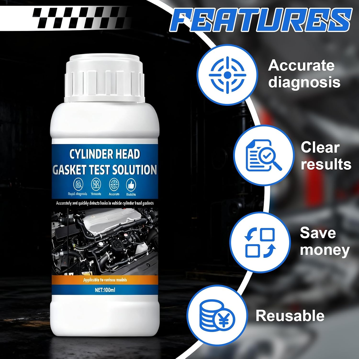 Prueba de CO2 para juntas de culata, comprobador de juntas de culata, diagnóstico rápido y fiable - hasta 50 pruebas, kit universal de reactivo líquido para coches y motocicletas, 100 ml