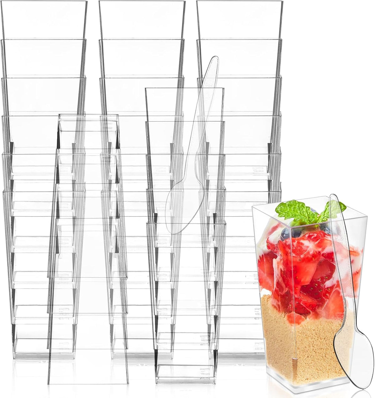 Vasitos Mini de Plástico Kucoele 100 Pack 3oz | Transparentes con Cuchara, Cuadrados Altos, Para Postres, Parfait, Yogur y Helado