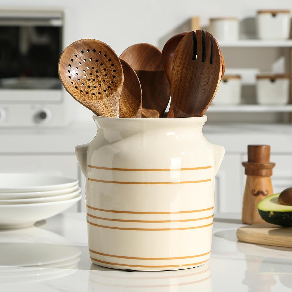Soporte de Cerámica para Utensilios de Cocina ATLZBLTCI Estilo Granja – Rústico, para Encimera, 6x6.8x6.7 pulgadas