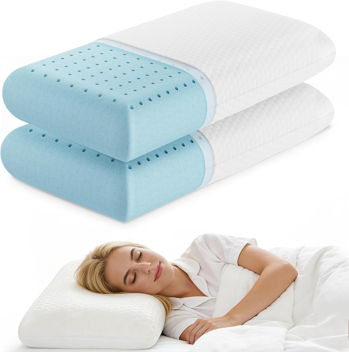 Almohada de espuma viscoelástica con gel refrescante NEWBULIG para aliviar el dolor de cuello - Malla transpirable con funda lavable. Almohadas de tamaño estándar para quienes duermen de lado o boca arriba. Certificación CertiPUR-US y Oeko-TEX. 2 unidades