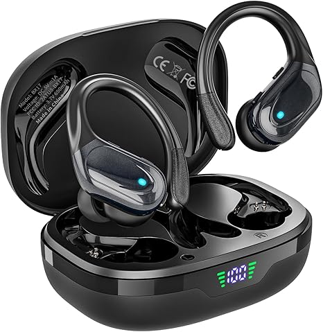 HAOYUYAN, Bluetooth Headphones, Ear Buds with 80hr Playtime, LED Power Display, Noise Canceling, LED Power Display, IPX7 Waterproof Earphones Light Black