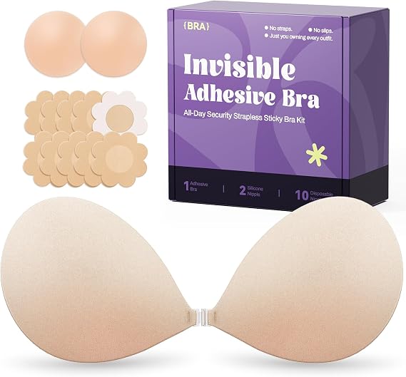 Invisible Strapless Sticky Bra Push up for Women, Ultra Adhesive Bra for Backless Dress, Cleavage Bra Lift Novelty Bras.Talla B