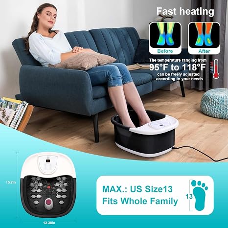 Spa de Pies ECARBME con Calor — 22 Rodillos de Masaje, Jets, Burbujas, Vibración y Control de Temperatura, Negro