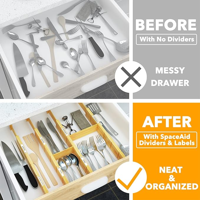 Divisores de Gavéta de Bambú SpaceAid | 4 Divisores + 9 Insertos Ajustables 43-56 cm con Etiquetas – Organizador para Cocina, Hogar y Oficina