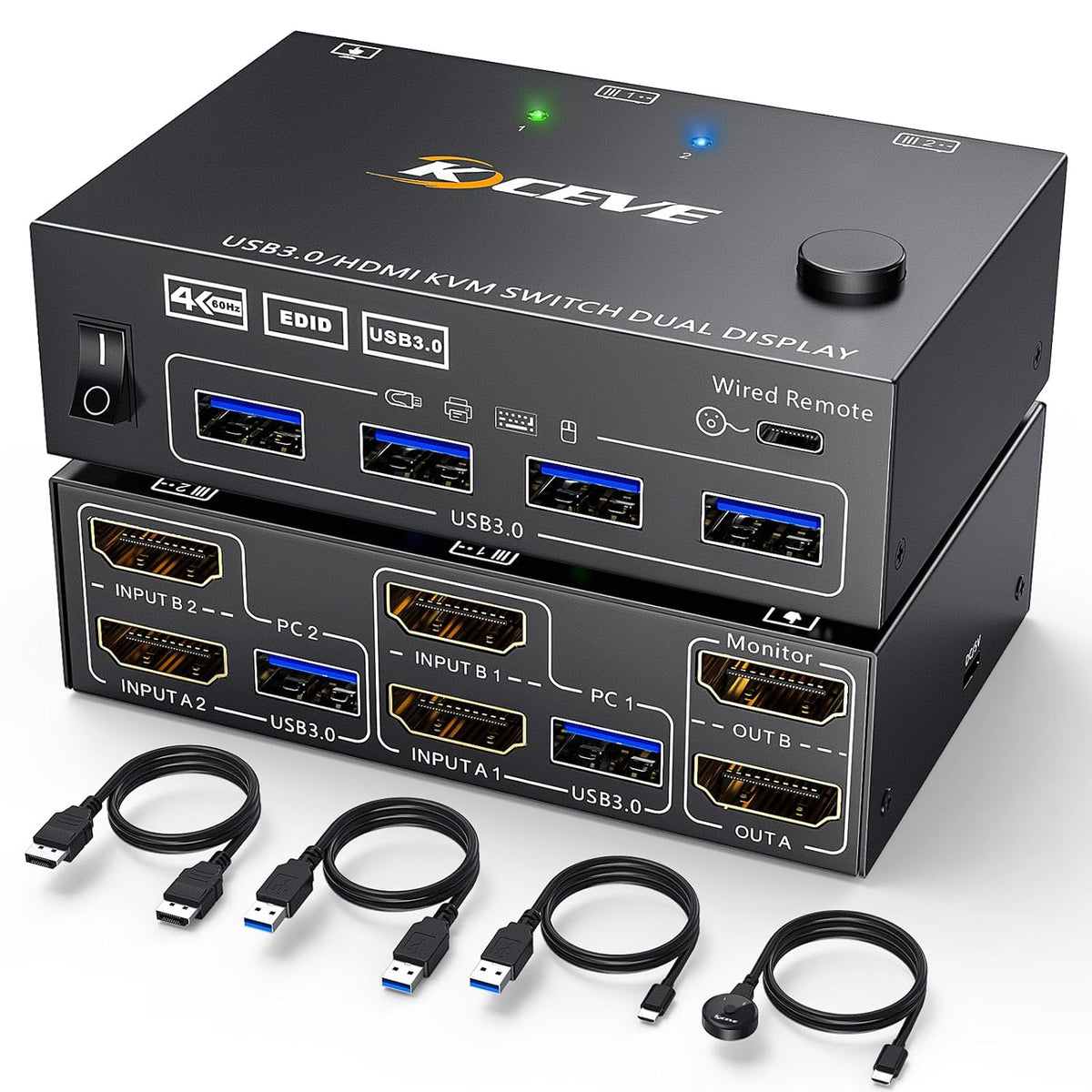 Conmutador KVM HDMI Doble Monitor KCEVE – 2 PCs y 2 Monitores, USB 3.0, 4K 60Hz, Pantalla Extendida y Función EDID