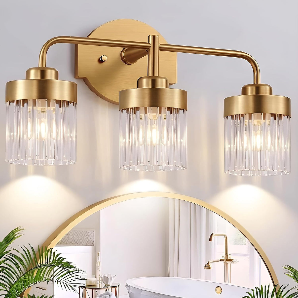 Aplique de Baño DvmTeom 3 Luces – Cristal Moderno, Oro Cepillado, sobre Espejo para Baño, Dormitorio y Sala de Estar
