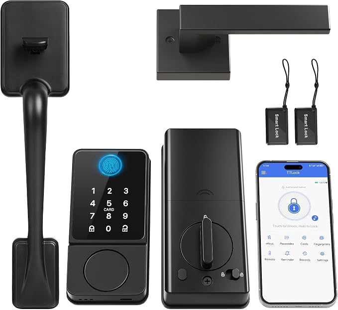 Cerradura de puerta de entrada sin llave con asa, negro mate