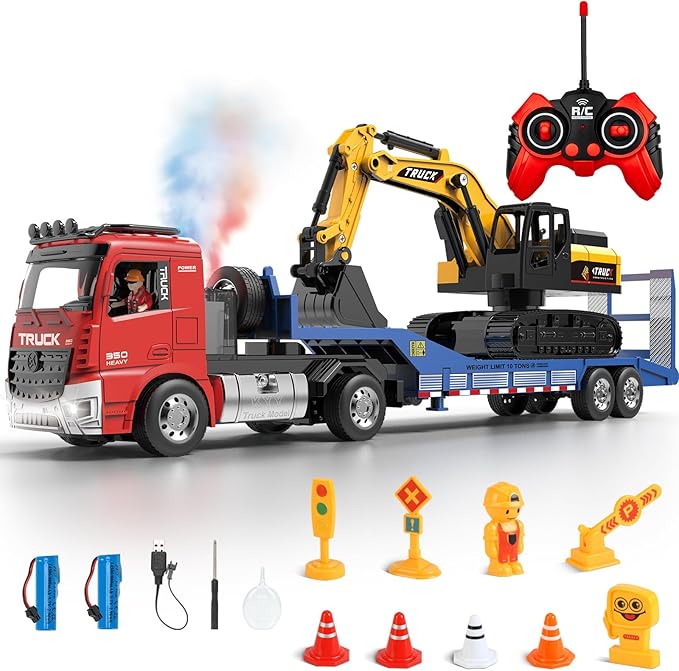 Fistone Camión RC con Semi-Remolque y Juego de Juego de Excavadora con Fricción, Escala 1:24 con Sonido y Luces, Camión de Plataforma de 6 Canales con Control Remoto y Excavadora Impulsada por Inercia