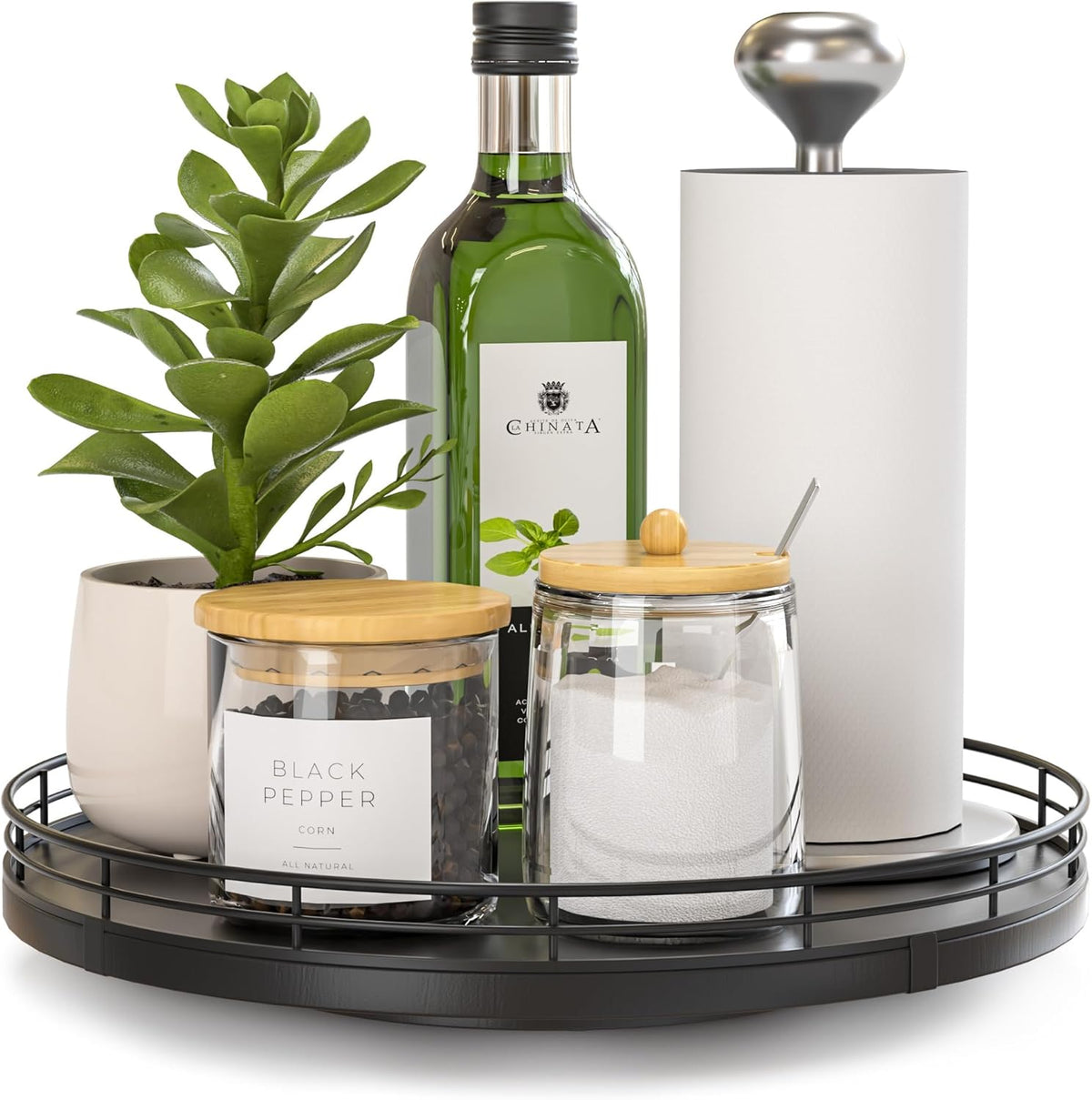 Organizador Giratorio Lazy Susan de Madera de Roble de 10 Pulgadas | Para Gabinete, Mesa, Despensa, Cocina y Baño | Bandeja Giratoria Multiuso | Negro