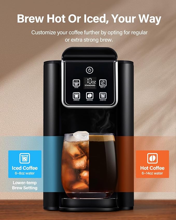 SHARDOR Cafetera Individual 2.0 | Café Caliente y Frío | Compatible K-Cup y Café Molido | Tanque 50 oz | Acero Inoxidable Negro