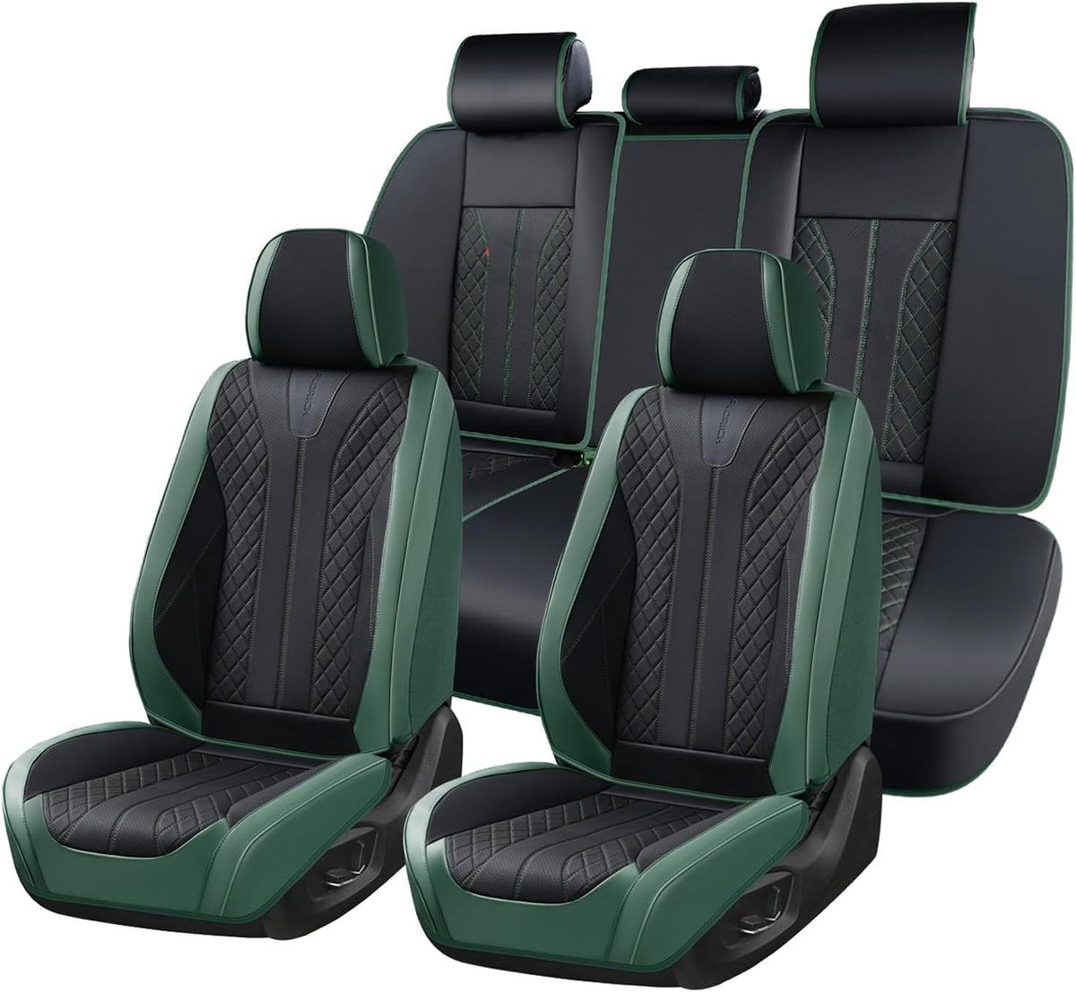 Fundas de Asiento de Cuero FLORICH Juego Completo Funda de Asiento de Carro Frente y Trasero Impermeable Cobertura Completa Protector de Asiento Cojín Ajuste Universal para Carros SUV Camiones Negro y Verde