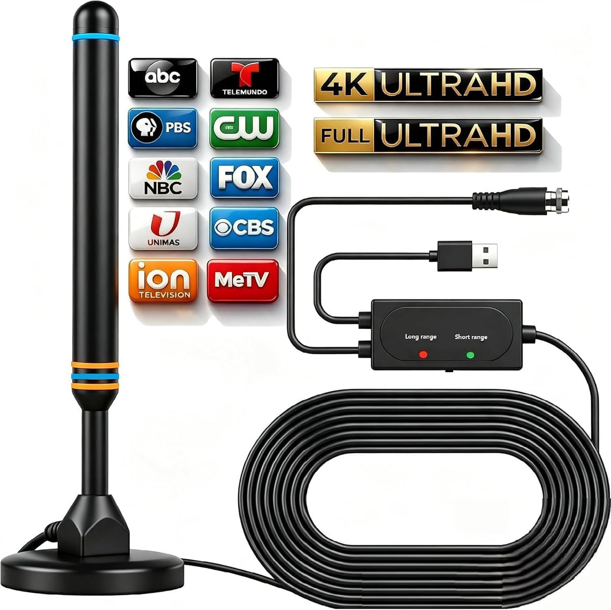 Antena de TV para Smart TV Antena de TV de interior para canales locales Antena digital para Smart TV de interior Fácil instalación Compatible con canales 4K y 1080p Base magnética potente Cables de 5 metros de largo (Azul mejorado)
