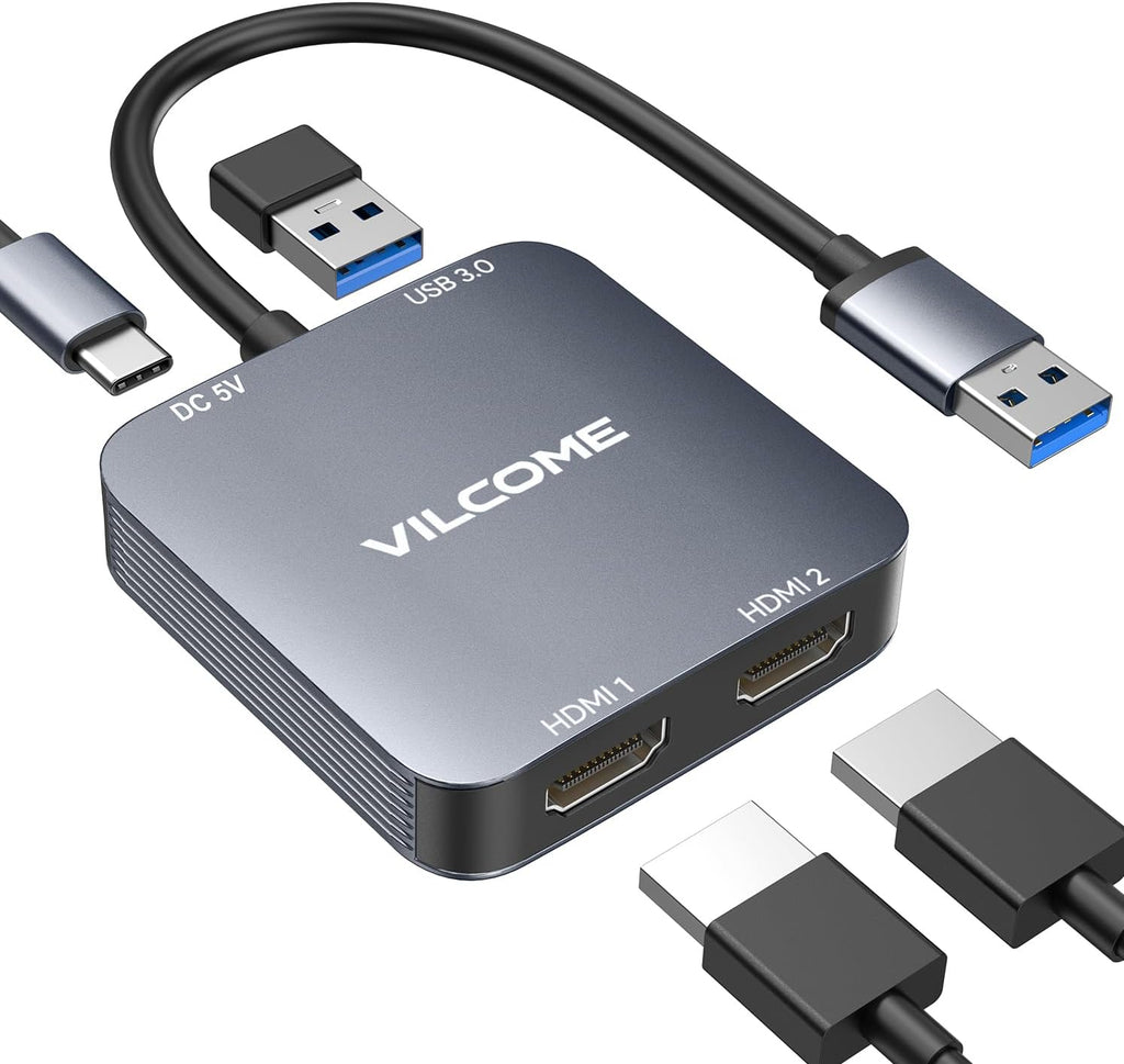 Adaptador USB a HDMI vilcome, adaptador USB 3.0 a HDMI dual con puerto USB 3.0, cable convertidor de audio, video y gráficos para computadora portátil, monitor, computadora de escritorio y TV, compatible con Mac OS y Windows.