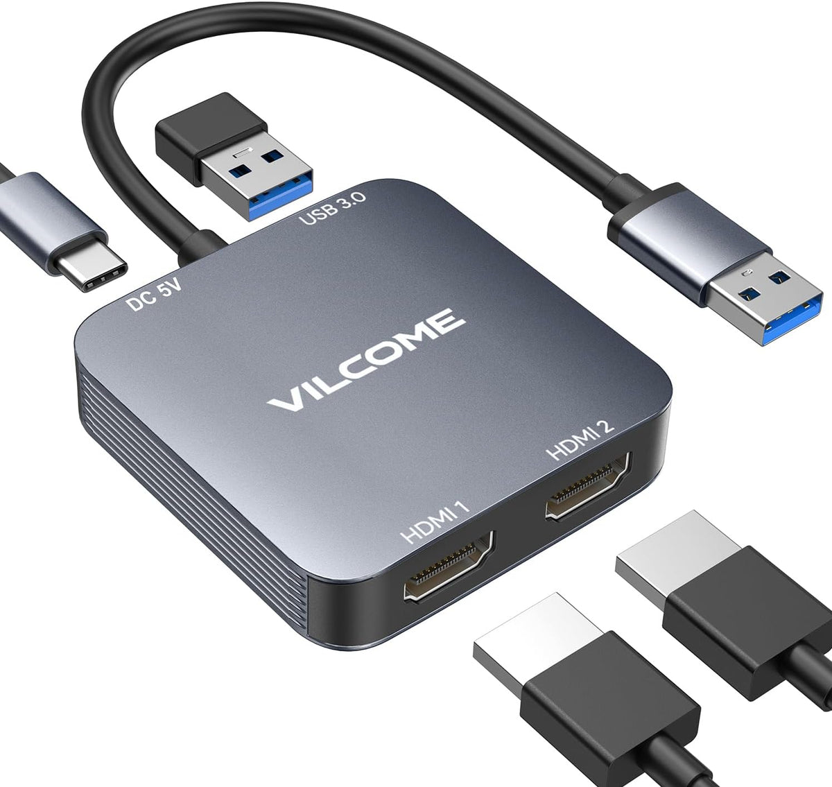 Adaptador USB a HDMI vilcome, adaptador USB 3.0 a HDMI dual con puerto USB 3.0, cable convertidor de audio, video y gráficos para computadora portátil, monitor, computadora de escritorio y TV, compatible con Mac OS y Windows.