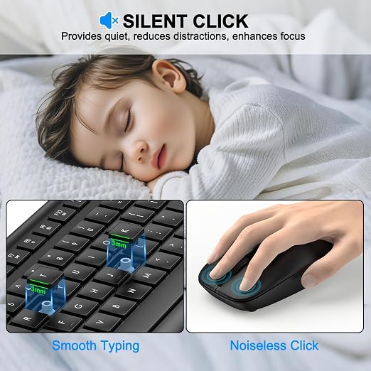 Combo Teclado y Mouse Inalámbrico Ergonómico – Silencioso, 2.4 GHz, Batería de Larga Duración