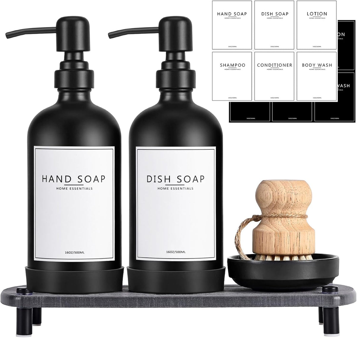 Juego de dispensador de jabón de cocina NEECZS con bandeja de secado instantáneo, dispensador de jabón de manos y platos de vidrio negro de 473 ml (16 oz), bomba de acero inoxidable, etiquetas impermeables y cepillo para platos