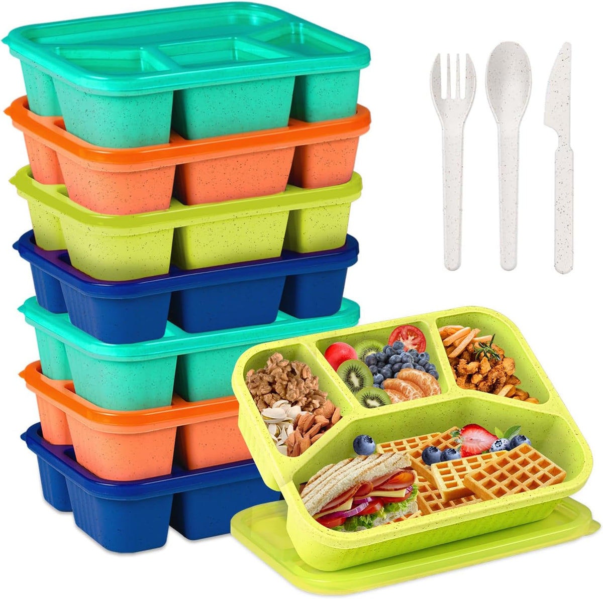 BIEOFFEI Pack de 8 Fiambreras Bento para Adultos y Niños, Contenedores para Preparación de Comidas con 4 Compartimentos y Tapas, Recipientes Bento Reutilizables para Snacks, Aptos para Microondas y Lavavajillas