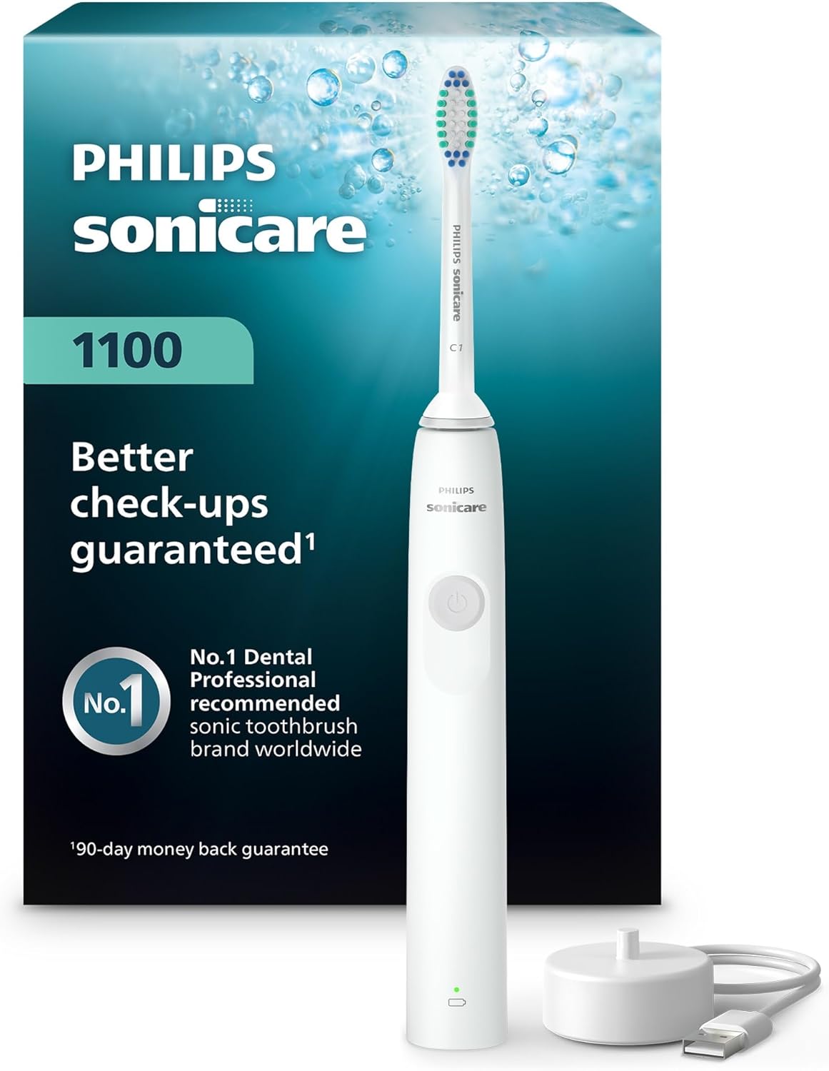 Philips Sonicare Serie 1100 Cepillo Dental Eléctrico | Tecnología Sónica Avanzada | EasyStart, Smartimer y Quadpacer | Blanco, Modelo HX3641/02