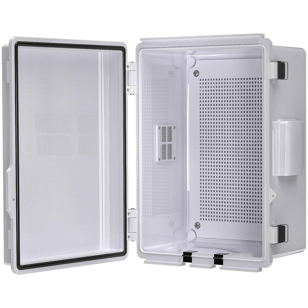 Caja de conexiones eléctricas de ABS, diseño ventilado, pasacables, carcasa impermeable IP65, para uso interior/exterior con panel de montaje. (Tapa transparente, 22 x 17 x 10,9 cm)
