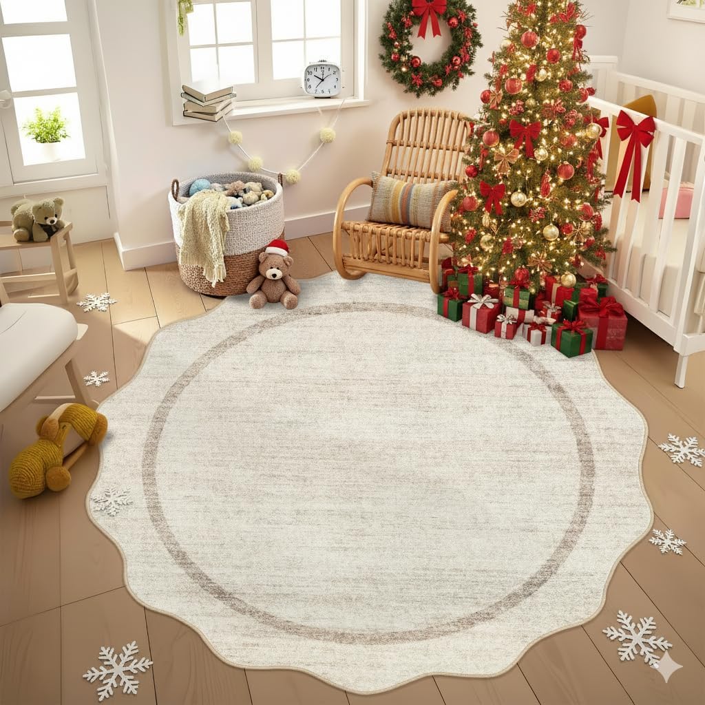 Alfombra Redonda GarveeHome 1.8 m – Festoneada, Lavable, Antideslizante, Beige, Para Niños y Sala
