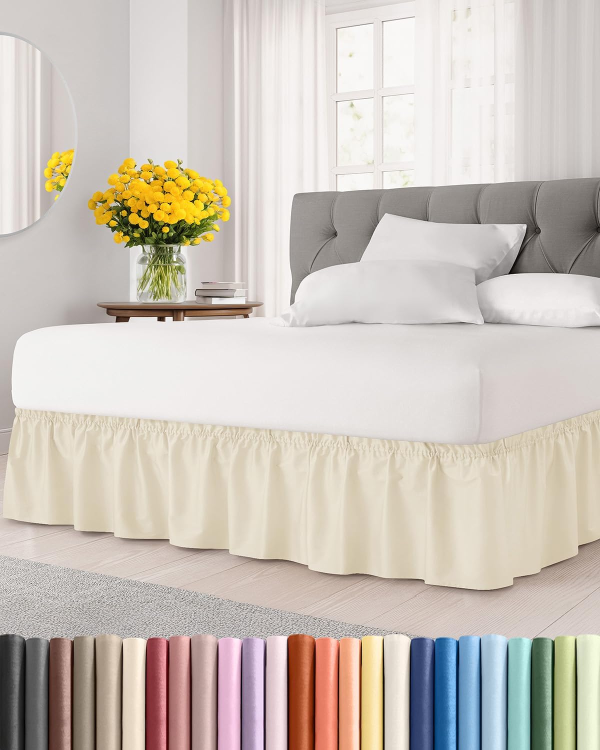 Falda de Cama Envolvente con Volantes Blanco Roto – Tamaño King, Caída 38cm, Elástica Ajustable, Anti-Arrugas | Tela Cepillada Suave | Para Toda la Familia