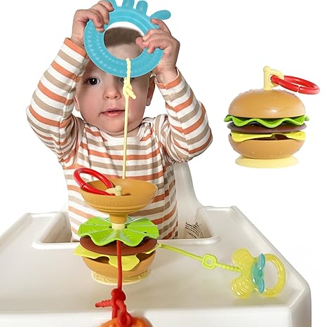 Aprilwolf Hamburger - Soporte de juguetes con ventosa para silla alta, cochecito, juguetes de bebé de 6 a 12 meses y niños pequeños, 3 correas evitan que se caigan, ideal para restaurante y asiento de