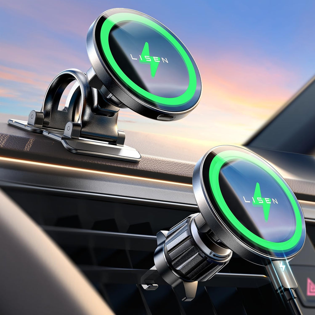 LISEN para cargador de coche MagSafe de 15 W, cargador inalámbrico magnético para coche para accesorios de iPhone 17 Pro Max, soporte magnético para teléfono para iPhone 17-12, Samsung, Pixel 9, accesorios para Jeep Ford F150, regalos