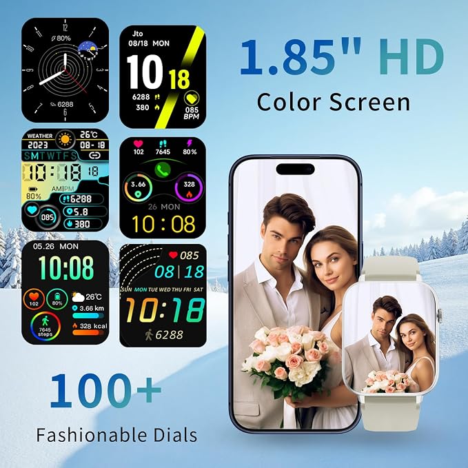 Reloj inteligente para hombre y mujer, pantalla táctil HD de 1,85", función de llamadas y mensajes, más de 100 modos deportivos, monitor de actividad física IP68, monitor de frecuencia cardíaca y sueño 24/7, compatible con Android e iOS (blanco).