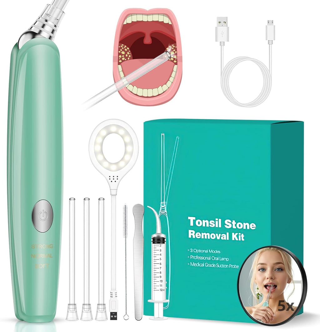 Removedor de cálculos amigdalinos, limpieza cómoda, indolora y de alta precisión, kit 12 en 1, aspirador electrónico con rotación de 150 grados, la mejor herramienta para eliminar cálculos amigdalinos (verde) 