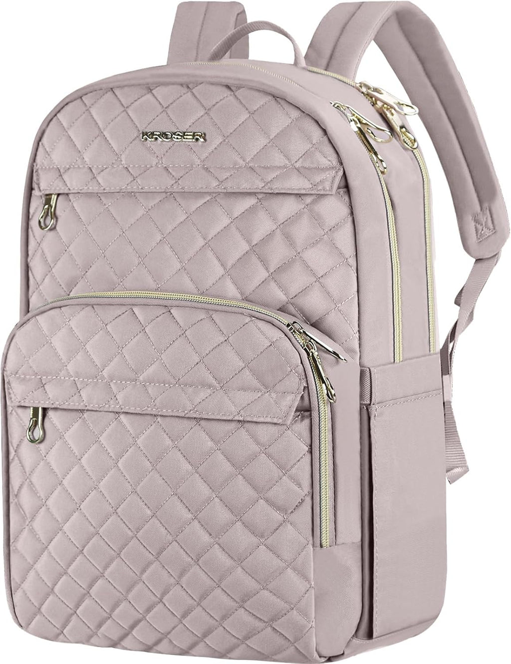 Mochila para portátil KROSER para mujer de 15,6 pulgadas, elegante mochila de día con puerto de carga USB, mochila de nailon repelente al agua para viajes/negocios, rosa empolvado