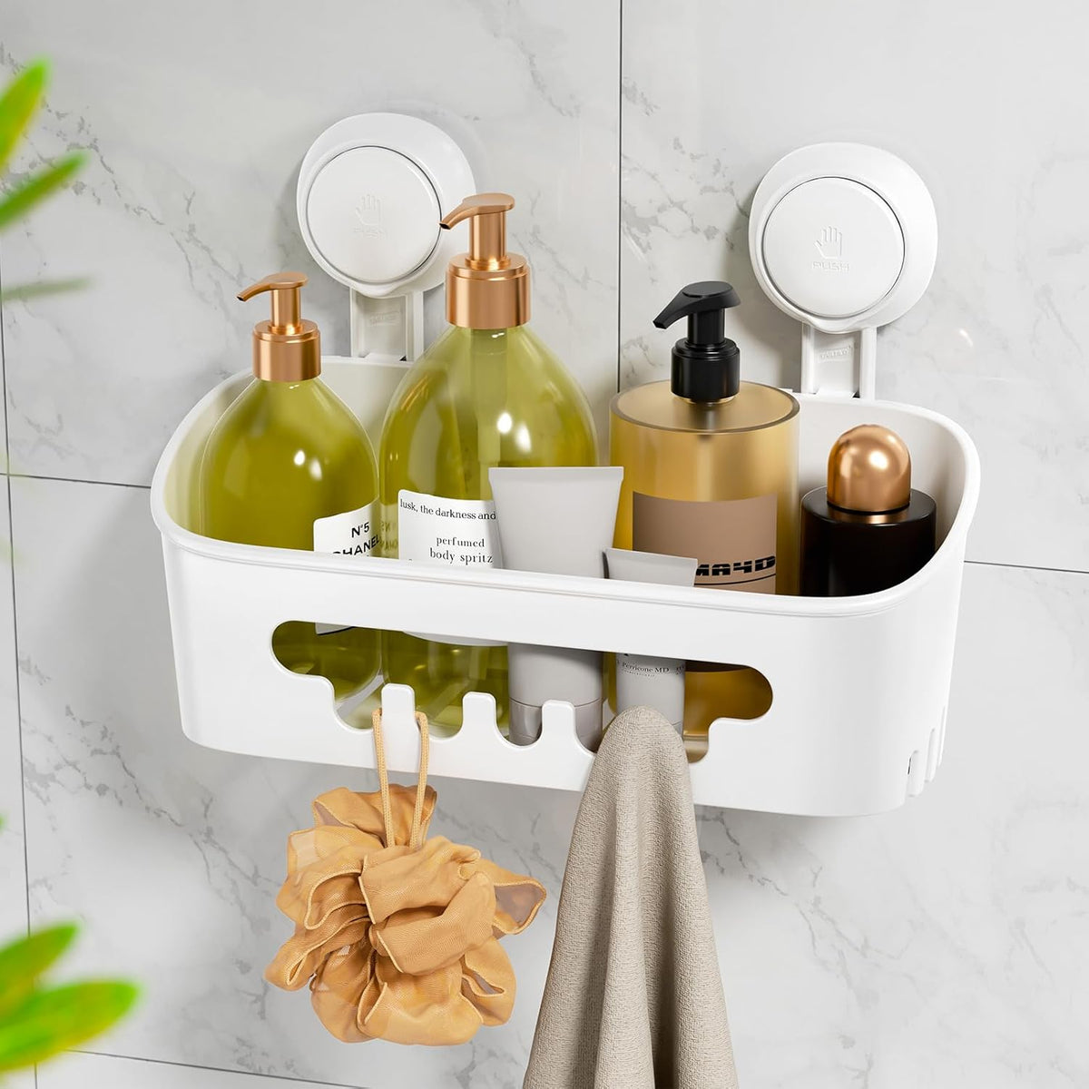 LEVERLOC Organizador de Ducha con Ventosa | Estante de Bano Removible, Impermeable | Sujecion Potente hasta 10kg, Blanco