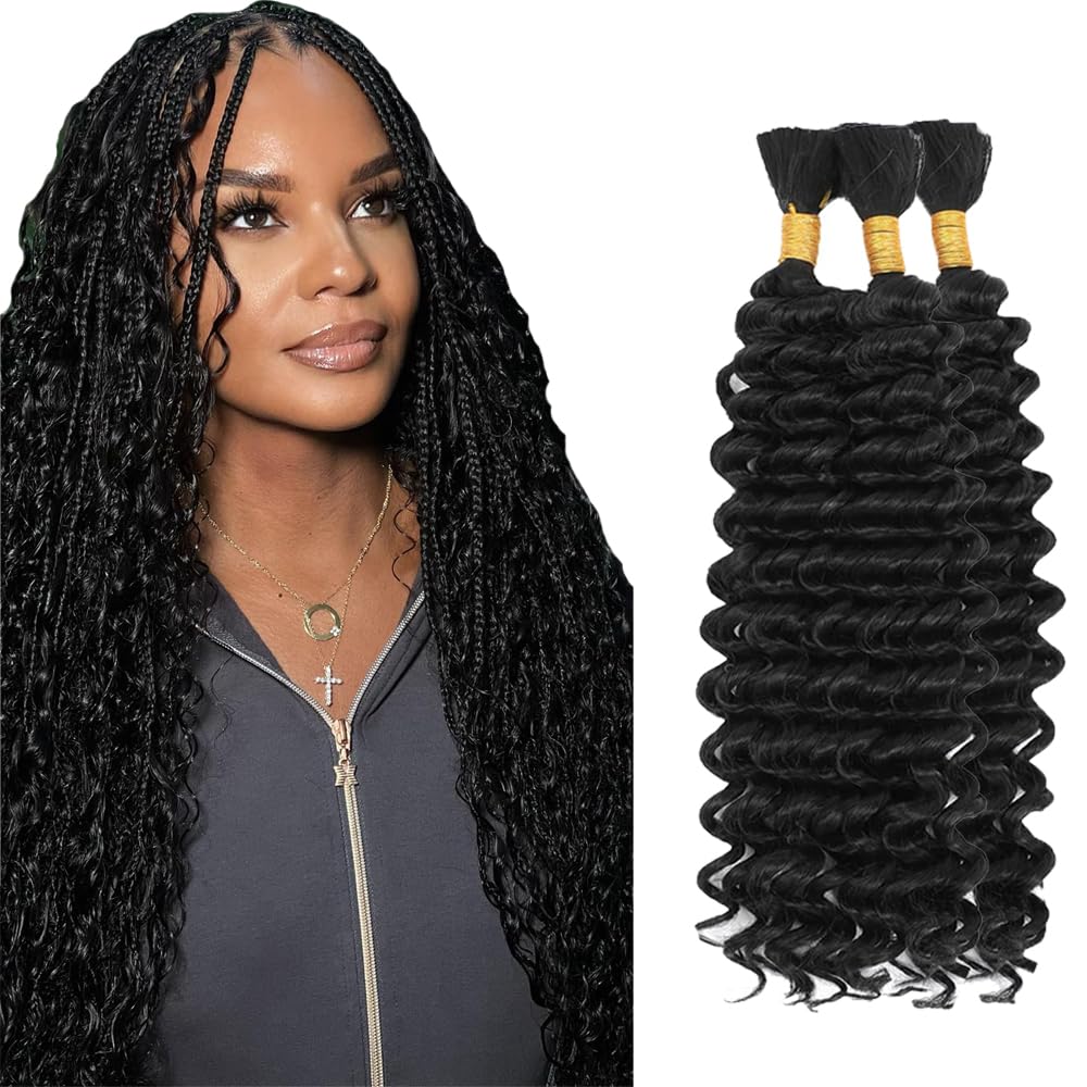 Cabello Humano para Trenzas Boho 16 Pulgadas | Deep Wave a Granel para Trenzas Knotless | Negro Natural, Rizado Virgen | 150g, 3 Bundles por Paquete