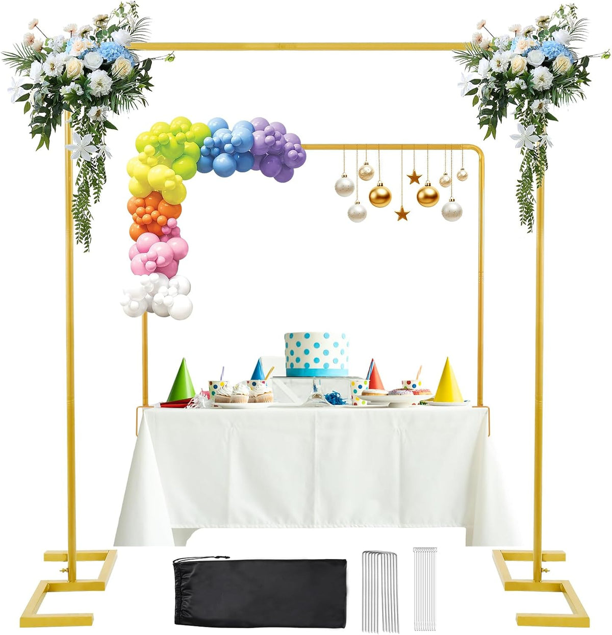 Soporte de Fondo 8.2FT x 8FT Servicio Pesado con Base | Kit de Tubos y Cortinas Dorado Ajustable | Con Varilla Sobre la Mesa y Abrazaderas | Marco Cuadrado para Fiestas
