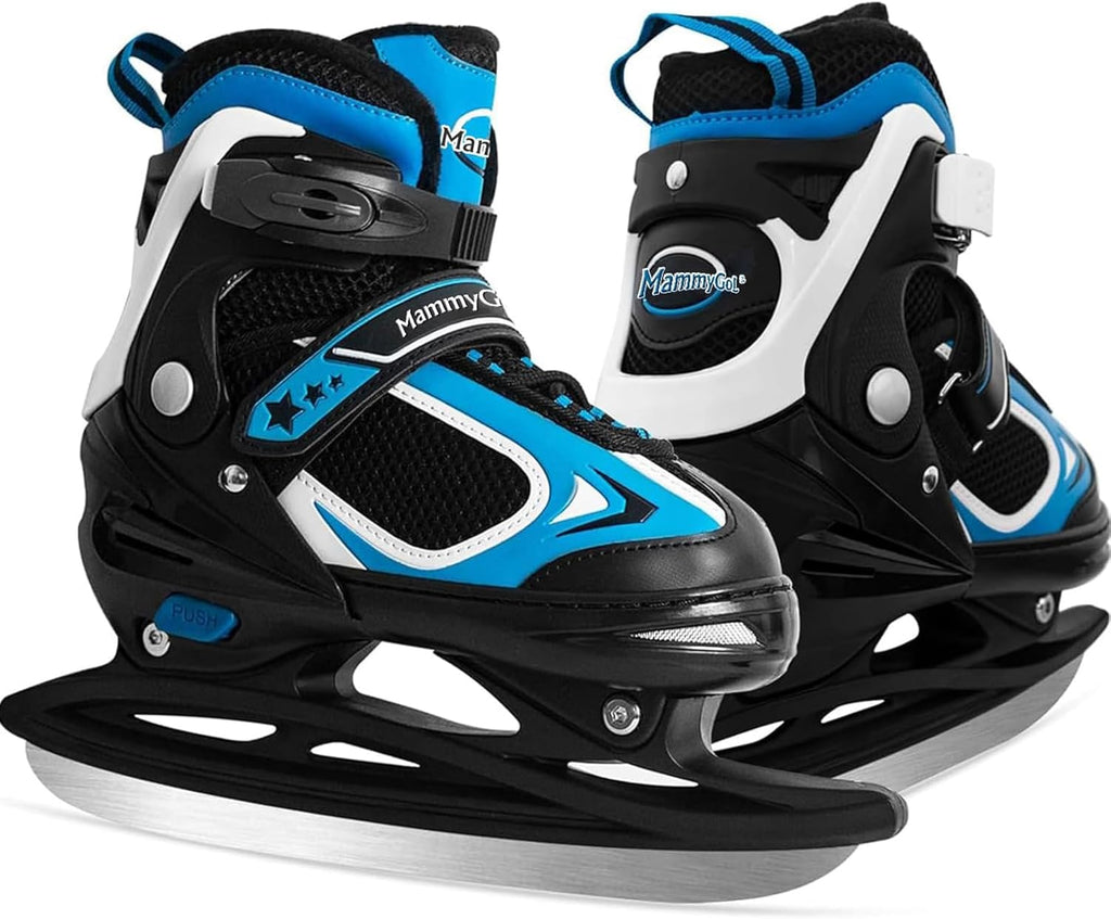 MammyGol Patines de hielo ajustables para niños y jóvenes, con cordones, para hockey sobre hielo, para niños o niñas, para principiantes de 4 a 12 años, azul, negro, verde azulado y verde 