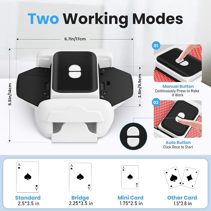 Barajador automático de cartas para 1-2 barajas, máquina de barajar cartas recargable, portátil, compatible con Phase 10, Skip-Bo, UNO Skyjo para juegos de cartas de fiesta en casa