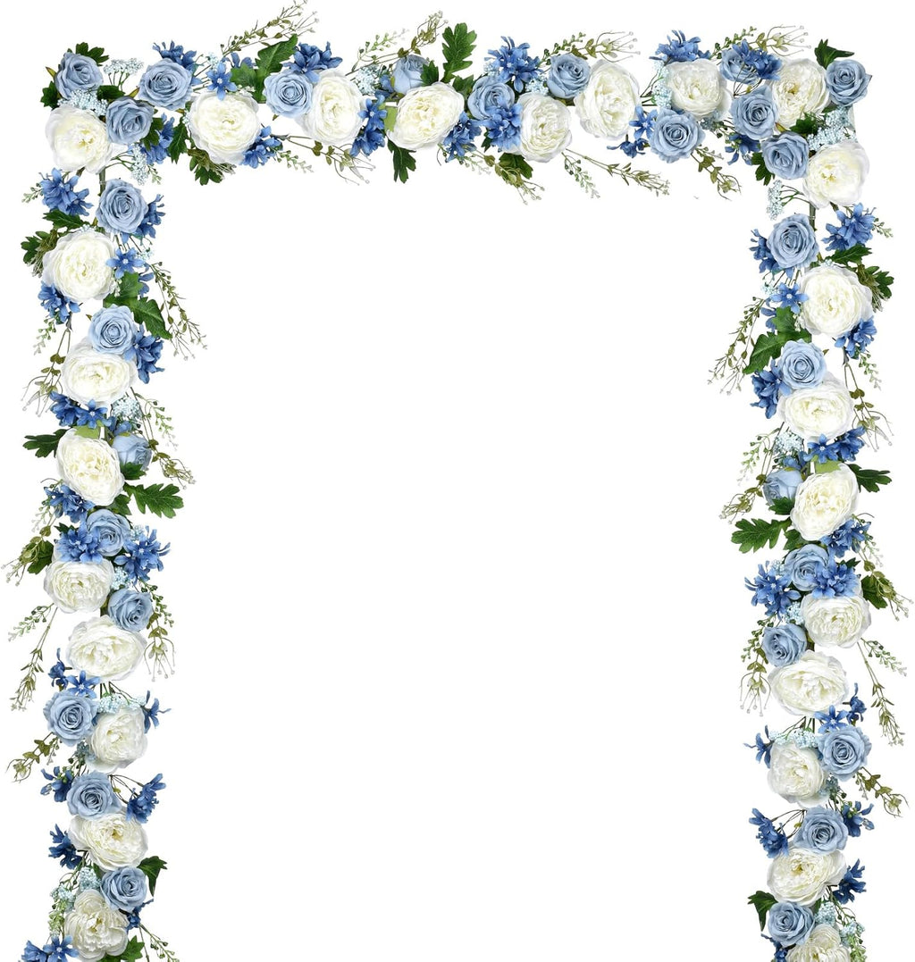 Lvydec 2 Pack Guirnalda de Peonias Artificiales | 6 Pies de Flores de Seda, Enredadera Floral | para Boda, Fiesta y Decoracion de Mesa (Azul y Blanco)