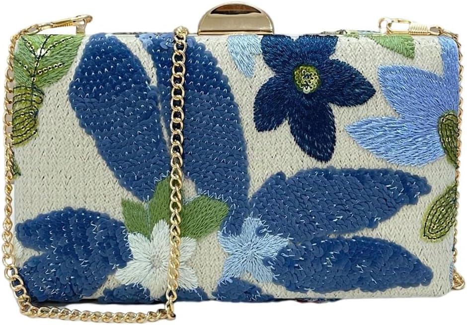 QWINEE Women's Sequin Floral Embroidery Evening Beaded Clutch Bags Elegant Mini Crossbody Purses Wedding Party Bag Blue One Size