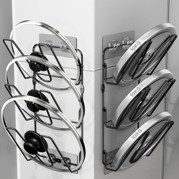 Organizador de tapas de olla de 6 niveles, soporte para tapas de ollas, 2 unidades, estante para tapa de olla sin perforación, para puerta de armario o montaje en pared, para almacenamiento de tapas de ollas y sartenes, color negro