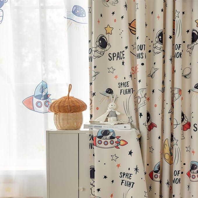 ⚠️ SOLO 1 PANEL | Cortina Semi Opaca Diseño Astronautas y Planetas para Habitación Infantil