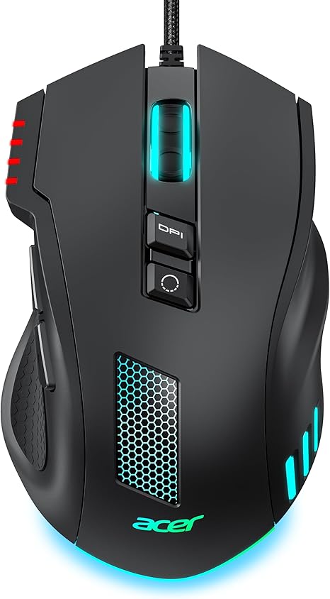 acer Ratón para juegos con cable, mouse ergonómico RGB de 12,800 DPI con sensor óptico, 8 botones programables, 12 modos retroiluminados, software para teclas de bricolaje, fuego rápido, ratones USB para juegos para computadora portátil, PC