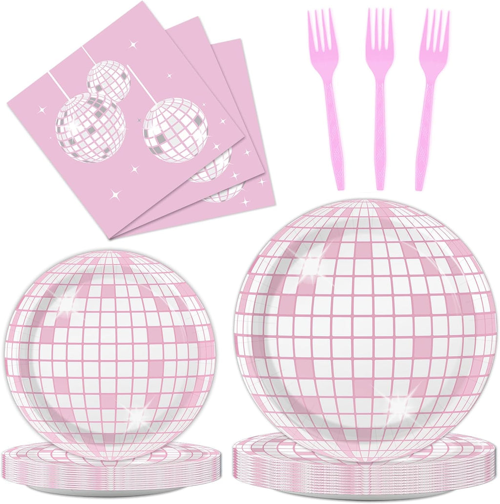 96 piezas de servilletas y platos de fiesta disco rosas y plateados, decoración de cumpleaños disco con temática de los años 70, vajilla desechable de papel para pastel, para servir a 24 invitados, ideal para mujeres, niñas, baby showers
