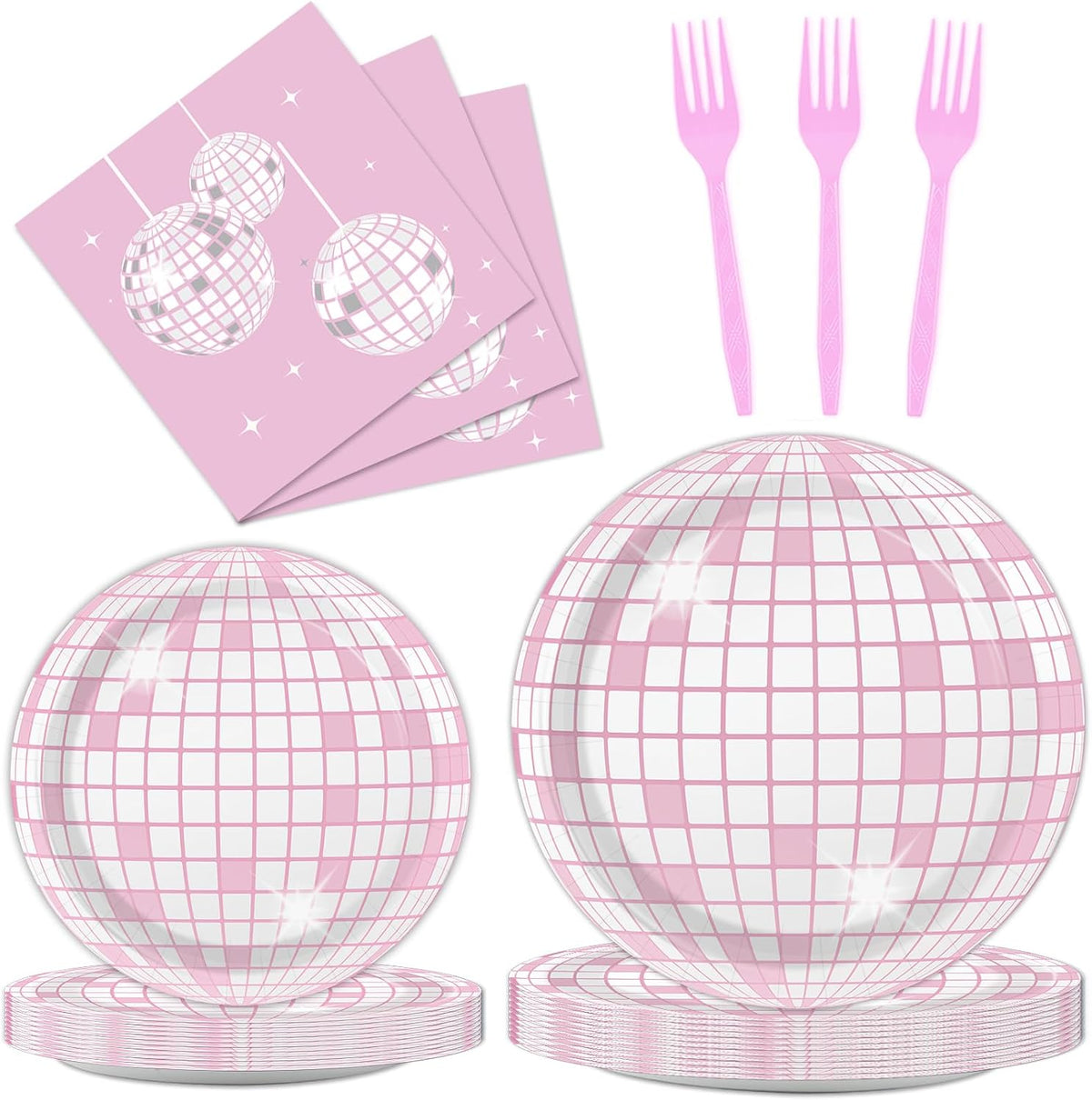 96 piezas de servilletas y platos de fiesta disco rosas y plateados, decoración de cumpleaños disco con temática de los años 70, vajilla desechable de papel para pastel, para servir a 24 invitados, ideal para mujeres, niñas, baby showers