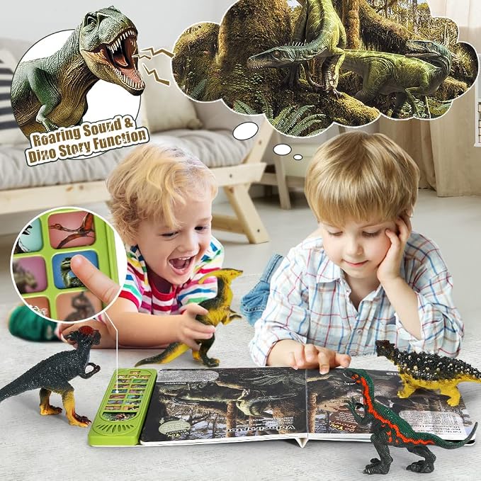 FRUSE Juguetes de dinosaurio para niños de 3 a 5 años, 12 figuras de dinosaurio con libro interactivo de sonido de dinosaurio, incluye rugidos realistas, historia, control de calidad, libro