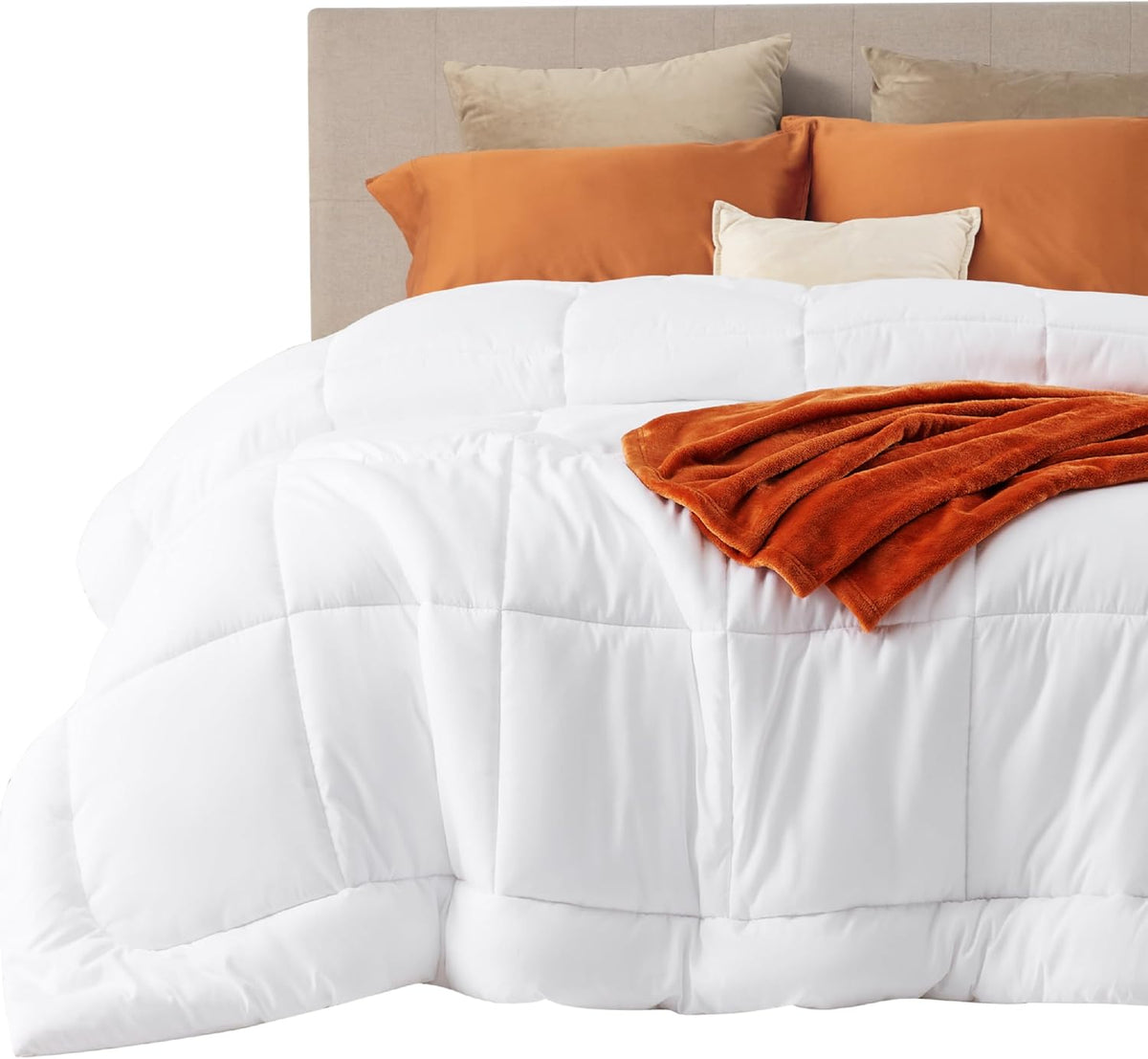 Edredón Bedsure - Edredón acolchado tamaño King, edredón para todas las estaciones, manta de cama suave con relleno alternativo de plumón, con 8 pestañas, regalo para mujeres/hombres, blanco, tamaño King 90 x 102 pulgadas