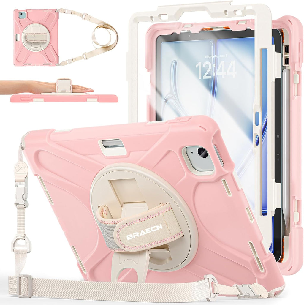 BRAECNstock Kids Case for Apple iPad Air 11 inch (M3/M2)/ Air 5th/4th Gen 10.9"/ Pro 11 inch 4th/3rd/2nd/1st Gen, Shockproof with Screen Protector, Pen Holder, Rotating Hand Strap+Stand, Sakura Pink