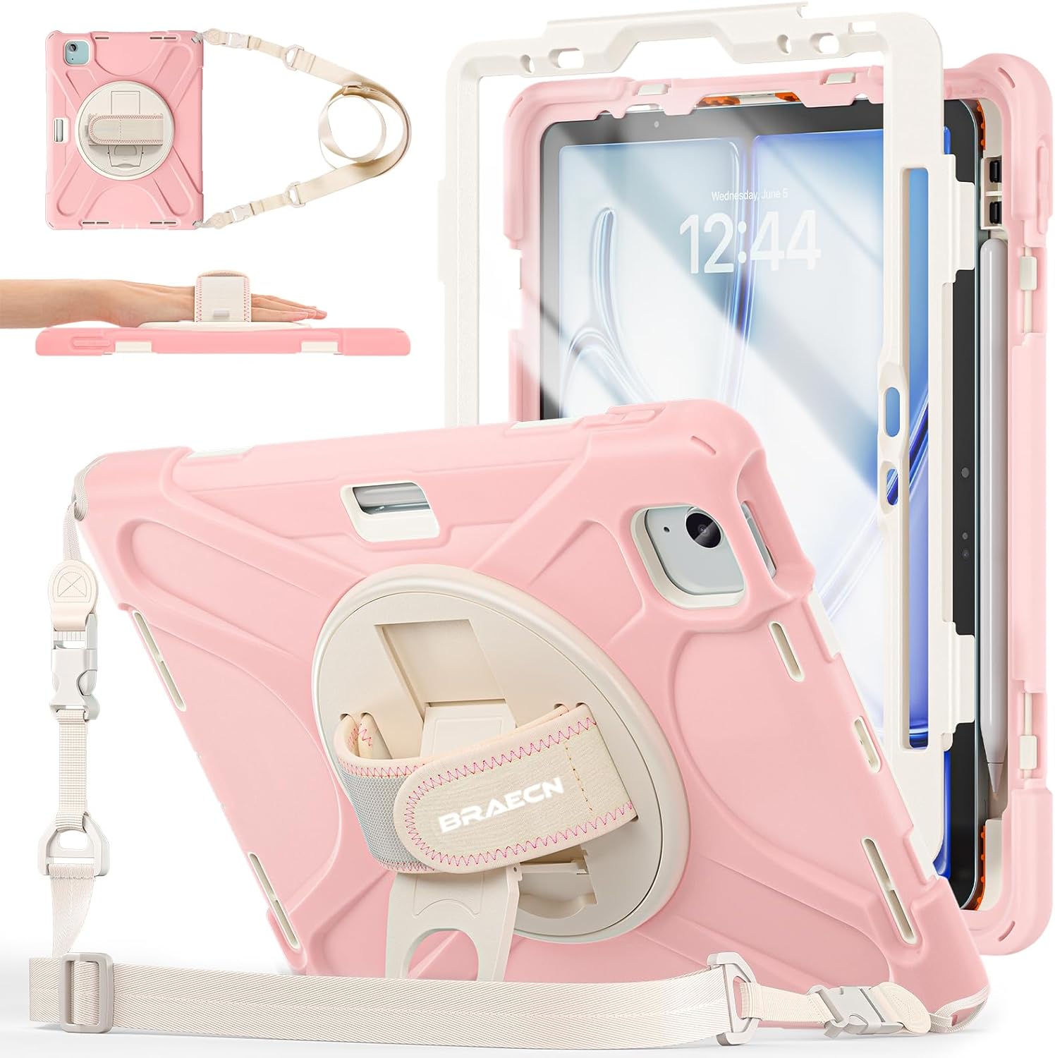 BRAECNstock Kids Case for Apple iPad Air 11 inch (M3/M2)/ Air 5th/4th Gen 10.9"/ Pro 11 inch 4th/3rd/2nd/1st Gen, Shockproof with Screen Protector, Pen Holder, Rotating Hand Strap+Stand, Sakura Pink