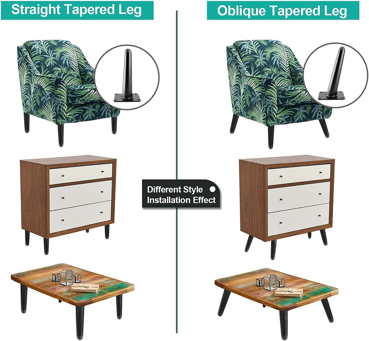 4 patas cónicas para muebles, patas de repuesto de metal estilo mediados de siglo para sillas, sofás, armarios, mesas, con tornillos de montaje (color recto, tamaño: 5.9 pulgadas)